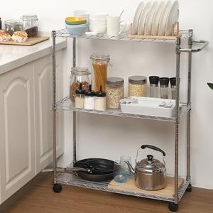 GlowSol Kitchen Utility Rolling Cart, 3 Tier Metal Storage Trolley with Wheels, Wire Rolling Cart Serving Storage Cart with Handle, 800-lb Capacity for Kitchen, Office, Outdoor