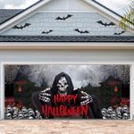 Vlipoeasn Halloween Garage Door Decorations, 7x16 Ft Halloween Garage Door Cover Banner, Skull Ghosts Halloween Outdoor Party Photography Backdrop Sign Poster Decorations Supplies