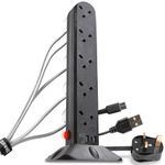 Duronic ST10B 10 Way Tower Extension Lead, 13A 3000W Surge & Spike Protected Power Strip, 3 USB Slots (2 USB-A, 1 USB-C), Master Switch, 2m Cable, Black Multi Plug Socket for Home & Office Desk