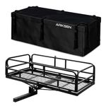 ARKSEN Foldable Car Rear Luggage Basket Hitch-Mounted Cargo Carrier Rack 60" X 24" X 14" W/Updated 500D PVC Waterproof Cargo Bag and Reinforced Straps, Trailer Hitch Fit 2" Receiver