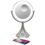 iHome All-in-One, 7X Magnify with Spot Mirror, 9" LED Bluetooth Audio, Phone Charging Makeup Mirror, Bright LED Light Up Mirror, Natural Light, Double-Sided, Hands-Free Speakerphone (With Spot Mirror)