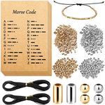 DIY Morse Code Bracelet Making Set, 800 Round Spacer Beads, 800 Long Tube Beads, 20 Morse Code Decoding Card and 2 Rolls 66 ft Waxed Polyester Twine Cord (Silver and Gold, Black Rope)