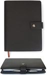 Black Full Grain Premium Leather Refillable Journal Cover with A5 Lined Notebook, Pen Loop, Card Slots, Brass Snap by Case Elegance