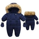 Fairy Baby Infant Baby Winter Snowsuit Coat Romper Hooded Double Zipper Fur Collar Warm Jumpsuit for Boys Girls 6-9 Monthes Navy Blue