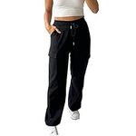 Women's High Waist Stretch Fit Wide Straight Leg Cargo Pocket Combat Pants - Black SM