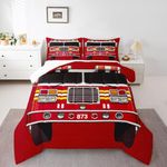 Manfei Fire Truck Comforter Set Full Size, Red Fire Engine Quilt Set with 2 Pillowcases, Cartoon Vehicle Bedding Set 3pcs for Kids Boys Teens Bedroom Decor, Firemen Car Duvet Insert