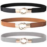 JASGOOD 2 Pack 3 Pack Women Retro Elastic Stretchy Metal Buckle Skinny Waist Belt 1 inch Wide, E-black+grey+brown, FIts Waist 26"-30"