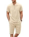 COOFANDY Men's 2 Piece Linen Set Short Sleeve Henley Shirts and Shorts Summer Yoga Beach Pants Set