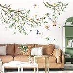 decalmile Birds on Tree Branch Wall Decals Green Leaves Flying Bird Wall Stickers Living Room Bedroom Sofa TV Background Wall Decor