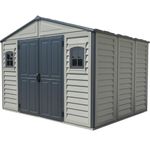 Duramax WoodBridge II PLUS 10.5 x 8 (8.02 m2) Plastic Garden Shed with Metal Foundation Kit and 2 Fixed Window, Strong Metal Roof Structure and Maintenance-Free Storage Shed, Dark Grey/Adobe