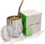 Kalmateh Yerba Mate Gourd - Double Walled Stainless Steel with BPA Free Lid, Bombilla Filter Straw & Bombilla Cleaner -Gold Marble, 8 oz