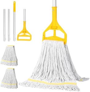 Commercial Mop Heavy Duty Industrial Mop- 3 Extra Large Cotton Looped Heads, 61" Aluminum Handle Mops for Concrete/Tile/Garage Floors-Home, Kitchen