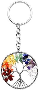 Tree of Life Keyring 7 Chakra Healing Crystal Tumbled Stone Natural Gemstone Car Key Chain Reiki Healing Keychain for Friendship Women Men Girls Bikes Home, Round, 70 x 140 cm, Chain (R45F)