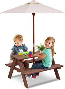 Olakids Kids Picnic Table, Outdoor Toddler Wooden Table and Chair Set with Removable Umbrella, Children Activity Furniture Bench Set for Patio Garden Backyard