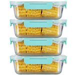 Allo Food Safe High Borosilicate 1040ml Rectangle Glass Food Storage Container with Break Free Detachable Lock, Oven Safe, Microwave Safe, Leak Proof - Set of 4, Transparent