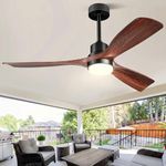 Forrovenco 52 Inch Ceiling Fans with Lights and Remote, Outdoor Ceiling Fan for Patios, Ceiling Fan with 3 Wood Blades, 3 Downrod, 3 Color Light, Noiseless Reversible DC Motor, 52in, Brown and Black