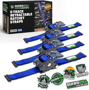 Rhino USA 2”x10’ Retractable E-Track Ratchet Straps: 3,033 Max Break Strength – Perfect for UTV’s, ATV’s and Other Cargo (Blue - 4 Pack)
