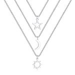 SISMIURRA Sun Moon Star Necklace Stainless Steel Graduation Friendship Necklaces for 3 BFF Layered Pendant Jewelry for Women 3PCS Necklace for Best Friends, Stainless Steel, No Gemstone