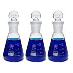 50ml Narrow Mouth Glass Erlenmeyer Flask with Ground Glass Stopper, 3.3 Borosilicate Glass Graduated Flask with Printed Graduation, HUAOU, Pack of 3