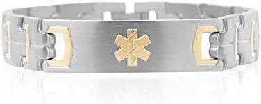 Lauren's Hope Durable Steel Medical Alert ID Bracelet for Men and Women, Custom Engraved, Diabetes, Pacemaker, Heart Disease, Medical ID (7.5 inches, Silver and Gold)