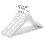 SONGMICS Wooden Hangers, Set of 10, Solid Wood Hangers, Notches in the Shoulder Area, Non-Slip Trouser Bar, 360° Rotating Hook, for Suits, Shirts, White/Silver CRW03W10