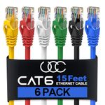 Cat 6 Ethernet Cable 15 ft 6 Pack, 10Gbps High Speed Ethernet Cable, Internet Cable Outdoor&Indoor, Rj45 Cat6 Cable Long Ethernet Cable for Computer, Router, Modem, PS4/5, Xbox, Gaming- 5 Colors
