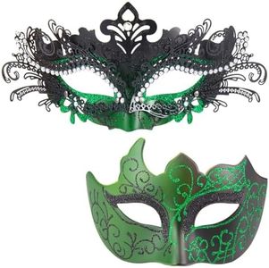 MYSEUNI Green Masquerade Mask for Couple - Rhinestone Metal Venetian Womens Masquerade Mask & Venetian Mask Men for Mardi Gras, Mascarade Party, Halloween, Masquerade Ball, Carnivals