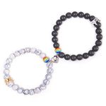 yomlry 2PCS LGBT Rainbow Gay Pride Bracelet for Men Women White Howlite Black Matte Natural Stone Beads Crown Bracelets for Couple Gay Lesbian Gift, 8.2 inch, White Howlite, Black Matte, natural stone