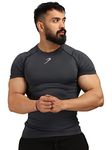 FUAARK Men's Half Sleeve Compression T-Shirt - Athletic Base Layer for Fitness (Small, Grey)