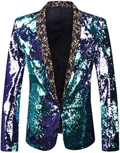PYJTRL Men Stylish Two Color Conversion Shiny Sequins Blazer Suit Jacket (Blue + Purple, S)