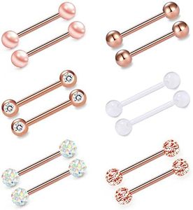 VCMART Nipple Rings Tongue Ring Surgical Steel Nipplerings Piercing Women Rose Gold Barbells 14G 6 Pairs 9/16