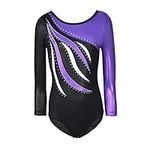 MORESAVE Gymnastics Leotards for Girls Long Sleeve Sparkle Leotards Shiny Embroidery Leotard Athletic Ballet Dance Bodysuit Clothes One Piece Practice Unitards Jumpsuit(Purple, 7-8 Years)