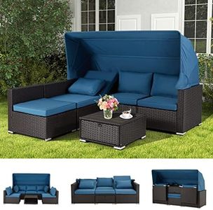 Vicluke 6 Pieces Patio Furniture Sets Outdoor Sectional Sofa Set Rattan Daybed with Retractable Canopy, Adjustable Backrest, Storable Tea Table Rectangle Sunbed for Backyard Garden Poolside(Blue)