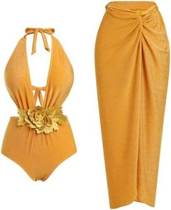 One Piece Bathing Suit with Matching Sarong Halter Floral Sexy Swimsuit Cover Up Flattering Monokini Maxi Skirt, Gold Flower (2pcs), Small