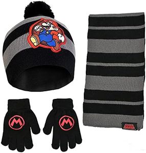 Nintendo Boys' Winter Hat, Scarf, and Kids Gloves Sets, Super Mario for Ages 4-7, Black/Grey, 4-7 Years