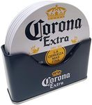 The Tin Box Company Corona 6 pc Coaster Set with Standing Metal Holder, White and Blue