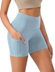 ODODOS 5" Tummy Control Yoga Shorts for Women with Pockets High Waist Athletic Workout Biker Shorts, Chambray, Medium