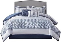 Madison Park Luxury Comforter Set-Traditional Jacquard Design All Season Down Alternative Bedding, Matching Bedskirt, Decorative Pillows, Cal King(104"x92"), Bennett, Geometric Navy 7 Piece