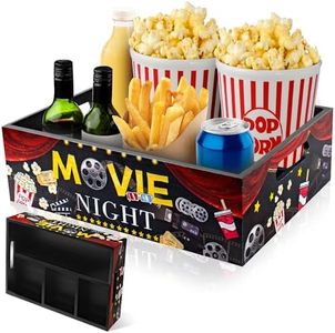 Rzoklot Wood Movie Night Party Supplies – Reusable Movie Snack Tray with Handles, 4 Compartments for Popcorn, Drinks, Candy – Home Theater Organizer for Parties & Family Movie Nights