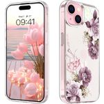 Elzzi Clear Transparent Flower Cover for iPhone 15 Plus Case Shockproof Floral Design Full Camera Protection Shockproof PC+TPU Cover Clear Transparent Flower Cover for Girls & Women 6.7" (Pink)