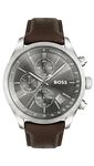BOSS Men's 43mm Chronograph Quartz Watch GRAND PRIX collection with Grey Sunray Dial, Brown Perforated Leather Strap, Date Function, 3ATM Water Resistance - 1513476
