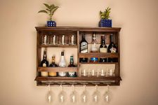 MAHIMART AND HANDICRAFTS Sheesham Wood Wall Mounted Wine Rack | Bar Cabinets Wooden| Mini Bar Storage Rack with Glass Holder for Home | Wine Bottles and Glass Holder for Bar | Walnut