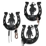 3PCS Horseshoe Metal Key Holder for Wall, Horse Shoes Wall Art Decor with Cowboy, Farmhouse Western Rustic Style Horse Shoes Decorations Key Hooks for Bedroom Living Room, Black