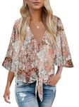 Bluetime Womens Summer Tops Boho 3/4 Sleeve V Neck Tie Front Shirts Casual Floral Blouses, F3 Khaki Brown Floral, L