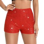 YILEEGOO Women's Summer Sequins Shorts High Waist Elastic Band Sparkly Straight Leg Shorts Glitter Hot Party Shorts Pants (Red, L)