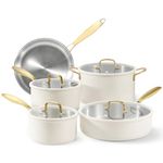 CAROTE Tri-Ply Stainless Steel Cookware Set, 9 Pcs Stainless Steel Pots and Pans Set Non Stick with Tempered Glass Lids, Stay-Cool Golden Handles, Dishwasher and Oven Safe up to 500°F, White, A08589