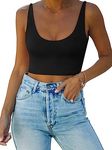 REORIA Women's Summer Sexy Casual Deep Scoop Neck Double Lined Adjustable Spaghetti Strap Cami Camisole Seamless Sleeveless Cropped Tank Top Cute Yoga Crop Tops Black Medium