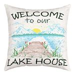 Lake Themed Pillow Cover 16x16 Inch Watercolor Mountain Sun Natural Scenery Pillow Case for Kids Teens Adults Lodge Cabin Rustic Farmhouse Style Cushion Cover for Room Decor