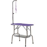 PawHut 37" Foldable Pet Grooming Table Dog Drying Table with Adjustable Arm Non-Slip Rubber Tabletop Aluminium Alloy Edge Stainless Steel Bar Hanging Leash Purple