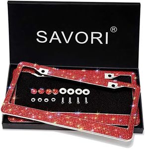 SAVORI License Plate Frame, Luxury Handcrafted Bling White Rhinestone Crystal Car License Plate Frame with 4 Anti- Theft Screw Caps Red